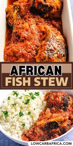 african fish stew in a white bowl with rice and garnish