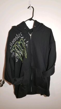 Black Monster Energy Zip-Up Hoodie Size Monster Energy Sweater, Black Monster Energy, Black Monster, Monster Hoodie, Monster Energy