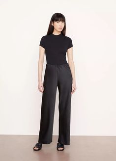 Satin Bias Pant in Trousers | Vince Sleek Full-length Pants With Elastic Waistband, Sleek Trousers With Elastic Waistband, Casual Fitted Silk Bottoms, Fitted Silk Bottoms Casual Style, Sleek Bottoms With Elastic Waistband And Straight Pants, Sleek Straight Pants With Elastic Waistband, Fitted Silk Bottoms With Elastic Waistband, Silk Bottoms With Elastic Waistband And Straight Leg, Fitted Satin Straight Leg Bottoms