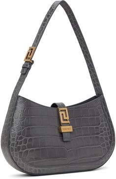 Croc-embossed calfskin shoulder bag in gray. · Adjustable shoulder strap · Logo hardware at magnetic press-stud tab · Zip pocket at interior · Buffed calfskin lining · Logo-engraved gold-tone hardware · H6.5 x W12 x D2 Supplier color: charcoal Evening Gray Leather Shoulder Bag, Gray Leather Evening Shoulder Bag, Formal Gray Crossbody Shoulder Bag, Formal Gray Shoulder Bag With Detachable Strap, Formal Gray Rectangular Shoulder Bag, Gray Luxury Shoulder Bag For Evening, Evening Gray Shoulder Bag With Gunmetal Hardware, Classic Gray Shoulder Bag For Evening, Luxury Gray Shoulder Bag For Formal Occasions