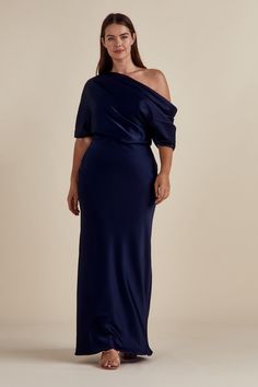 Fluid Satin off-one-shoulder draped bodice gown with bias column skirt. Shown in Navy and Jade. Amsale Dress, Draped Bodice, Box Pleat Skirt, Column Skirt, Satin Color, Reception Dress, Little White Dresses, Groom Dress, Skirt Length