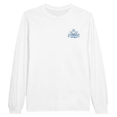 Classic fit Cotton Long Sleeve T-shirt With Front Print, White Crew Neck Top With Back Print, White Casual Sweatshirt With Back Print, Fitted Crew Neck Top With Back Print, Fitted Cotton Top With Back Print, White Long Sleeve Graphic T-shirt, Casual Fitted Crew Neck Top, Long Sleeve Graphic Tee With Back Print, Crew Neck Cotton Top With Back Print