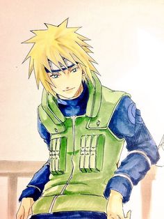 a drawing of an anime character sitting on a chair with his hands in his pockets