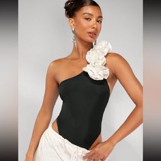 Super Cute And Stylish Ships In 5-10 Business Days Elegant One-shoulder Swimwear For Spring, Elegant One-shoulder Bodysuit For Spring, Chic White One-shoulder Bodysuit, Elegant One-shoulder Swimwear, White Summer Evening Bodysuit, White Evening Bodysuit For Summer, Elegant Party Swimwear For Spring, One Shoulder Bodysuit, Bodysuit Top