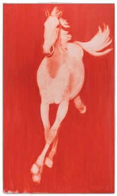 a painting of a white horse on a red background, with the tail flapping