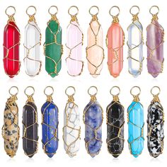 PRICES MAY VARY. Adequate quantity and styles: you will receive 16 pieces of hexagonal pillar crystal pendants in different colors; You can mix and match them according to your preferences and need to create appealing pieces Natural material: these crystal charms are mainly made of natural quartz, which has been finely processed and polished, smooth to the hand, clear in color and reliable to use; They are covered by golden copper wire, giving them a more delicate and elegant look Positive effec Golden Copper, Dainty Initial Necklace, Black Leather Necklace, Moonstone Pendant Necklace, Chakra Pendant, Wire Wrapping Stones, Crystal Healing Stones, Crystal Charm, Moonstone Pendant