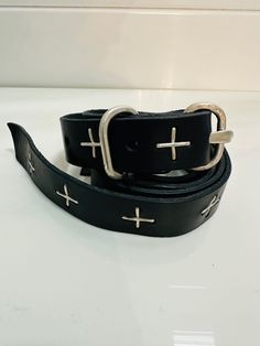 Cow leather, Double Oval Buckle Medium Belt Sterling silver buckle + cross studded staples EL2C GR 3,0 Handmade in Italy Black Belt, Cow Leather, Phone Numbers, Cow, In Italy, Buckle, Italy, Sterling Silver, Silver