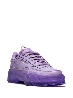 The result of a collaboration between Reebok and Cardi B, these Club C sneakers boast a Crisp Purple colourway. A platform sole supports the layered upper, designed to stand out. Cardi B Shoes, Reebok Cardi B, B Club, Sneakers Purple, Club C, Purple Leather, Cardi B, Brooks Sneaker, Air Max Sneakers