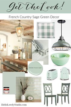 the french country sage green decor is featured in this postcard for an interior design project