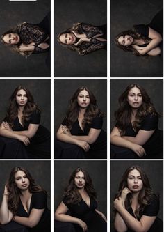 multiple images of a woman with long hair posing for the camera, in different poses