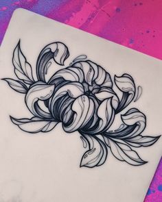 an artistically designed piece of art on a pink and purple background with black ink