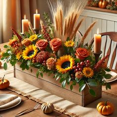 Elevate your Thanksgiving table with this stunning floral centerpiece featuring fall flowers like orange roses, sunflowers, chrysanthemums, and golden alstroemeria, this arrangement is accented with wheat, berries, and lush greens. The low, rustic design is perfect for stretching across the center of your table, creating a warm and festive atmosphere for Thanksgiving dinner! Contact us at: Stems Floral & More (815) 633-5100 Floral Arrangements Centerpieces