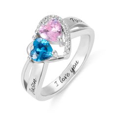 This ring is customized for people in love. The outside is decorated with two intimate heart birthstones and the beside engravings are left for the couples' names. Words are clearly inscribed and show with the shimmering heart birthstones , it is made as a beautiful love letter for the one you loved. Beautiful Love Letters, Engraved Promise Rings, Birthstone Promise Rings, Rings Heart, People In Love, Birthday Ring, Heart Frame, Eternity Wedding Band, Gifts For Your Girlfriend