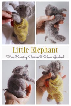 the little elephant is knitted in grey and yellow yarn, with four different pictures of it