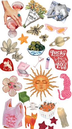 an assortment of stickers that include sun, stars and other things to make it look like