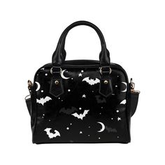 "If you love Dark Witchy Fashion or Alt Edgy Gothic Vibes then you'll love this Black and White Celestial Bat Purse and Handbag! Features a high contrast bold all over print of bats, stars and moons over a deep black background. You're sure to stand out and get noticed with the bold dark aesthetic and just enough pop of white to grab plenty of attention. Perfect for any lovers of alternative and goth aesthetic, witchy or wiccan vibes, halloween and spooky styles. Great gift for a goth girlfriend Black Edgy Shoulder Bag For Halloween, Black Shoulder Bag For Halloween Cosplay, Black Gothic Party Bags, Punk Style Shoulder Bag For Halloween, Gothic Shoulder Bag For Halloween Party, Novelty Black Halloween Bags, Edgy Halloween Party Bags, Novelty Black Bags For Halloween, Black Halloween Rectangular Shoulder Bag