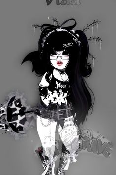 a drawing of a girl with black hair and glasses holding an umbrella in her hand