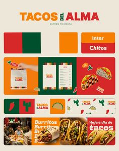 the menu for tacos de almaa is shown in red, green and orange