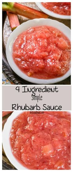 four different pictures showing how to make rhubarb sauce