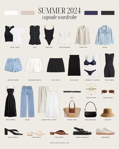 Summer 2024 Capsule Wardrobe + Outfit Ideas | Erika Marie Casual Summer Outfits Capsule, Capsule Wardrobe 2 Weeks Europe, Outfit Capsule Summer, Chic Outfits For Summer, Europe Summer Vacation Capsule, Paris Outfits Summer Travel, Summer Clothing Capsule, Eroupe Travel Outfit, Cool Capsule Wardrobe