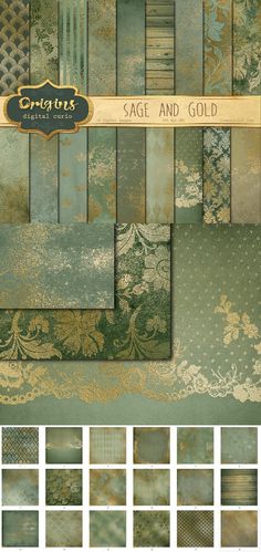 an assortment of green and gold paper with different patterns on it, including the words sage and