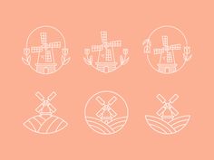 four different types of windmills in the middle of an orange background with white outline