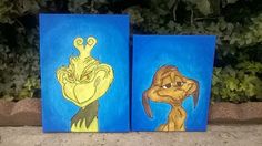 two paintings of cartoon characters painted on canvases in front of some plants and bushes