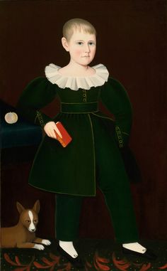 a painting of a young boy in green with a dog laying on the ground next to him