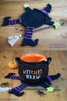 crochet witch pot holder is on the floor