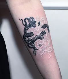 a tattoo on the arm of a person with a snake in it's mouth