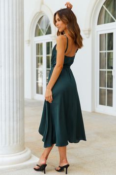 Fuel To My Fire Midi Dress Forest Green | Hello Molly USA Bouncy Waves, Goddess Vibes, Neutral Heels, Grecian Goddess, Whimsical Style, Dewy Makeup, Whimsical Fashion, Formal Dresses For Women, Green Midi Dress