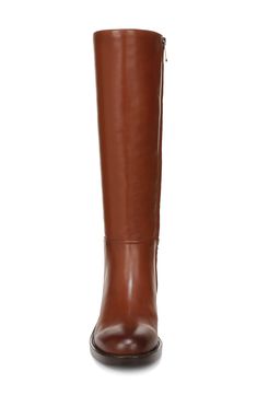 Signature logo hardware enriches the heel counter of a knee-high leather boot balanced by a plain toe and stacked block heel. 1 3/4" heel; 1/2" platform; 15 1/2" shaft; 15 1/2" calf circumference (size 8.5) Leather upper/synthetic lining and sole Imported Brown Tall Heeled Boots Medium Width, Brown Tall Heeled Boots Medium Fit, Classic Tall Heeled Boots For Fall, Classic Knee-high Boots With High Shaft For Work, Classic High Shaft Knee-high Boots For Work, Leather Tall Heeled Boots For Work, Classic High Shaft Boots For Office, Tall Leather Heeled Boots For Workwear, Brown Knee-high Boots With Medium Width