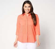 This season, it's all eyes on eyelet! A summery staple that never goes out of style, the breezy pick is the trend to try -- and keep -- with a fresh update in a button-down boyfriend silhouette. From the Joan Rivers Classics Collection®. Spring Eyelet Button-up Top, Summer Eyelet Blouse With Relaxed Fit, Relaxed Fit Eyelet Blouse For Summer, Joan Rivers, All Eyes, Button Front Shirt, The Trend, All About Eyes, Out Of Style