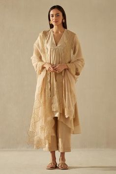 Shop for Sureena Chowdhri Beige Silk Chanderi Flared Kurta Set for Women Online at Aza Fashions Sureena Chowdhri, Lace Kaftan, Kurta Set For Women, Beige Silk, Suits Design, Embroidery Suits Design, Zari Work, Organza Dupatta, Embroidery Suits