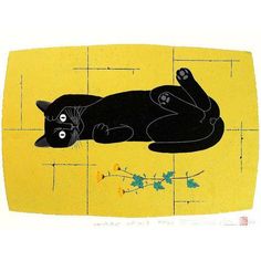 a black cat laying on its back in front of a yellow background with leaves and flowers