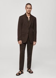 Slim fit linen and cotton suit jacket - Men | Mango Man USA Business Casual Linen Blazer With Concealed Placket, Linen Suits With Patch Pockets And Notch Lapel, Linen Blazer For Business Casual, Business Casual Linen Suit With Patch Pockets, Linen Suit With Lapel Collar For Work, Formal Linen Suits With Patch Pockets, Business Linen Blazer With Concealed Placket, Linen Suits With Lapel Collar For Work, Lapel Collar Linen Suit For Work