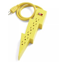 a yellow power strip with two wires attached to it and an extension cord in the middle