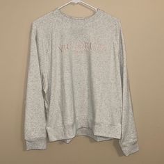 In Excellent Condition Measurements Upon Request New With Tags Blush Pink Embroidery, Grey Crew Neck Embroidered Long Sleeve Tops For Loungewear, Trendy Victoria's Secret Crew Neck Top, Pink Long Sleeve Sweatshirt With Floral Embroidery, Pink Vs Sweater, Turquoise Sweater, Dark Green Sweater, Victoria's Secret Crew Neck T-shirt, Pink Cheetah Print, Pink Hoodie Victoria Secret