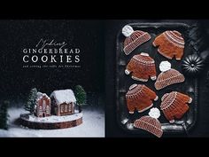 gingerbread cookies are on a tray and in the snow