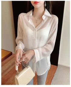 Loose Back Tie Transparent Blouse Shirt – Tomscloth Casual Sheer Top For Office, Sheer Long Sleeve Office Top, Casual Sheer Blouse For Office, Classic Sheer Top For Office, Casual Long Sleeve Sheer Blouse, Casual Long Sleeve Sheer Shirt, Solid Color Sheer Long Sleeve Tops, Classic Sheer Collared Tops, Classic Sheer Button-up Tops