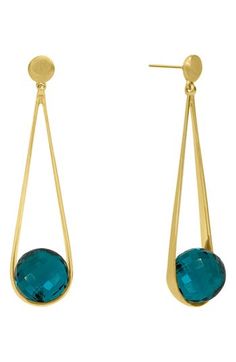 Faceted stones nestle elegantly into the 22-karat-gold-plated teardrops of these lustrous earrings that demand a double-take. 2 1/4" drop; 1/2" width Post back 22k-gold plate/black onyx, morganite, aquamarine, prasiolite, labradorite, crystal quartz, blue topaz, moonstone, imitation pearl, tsavorite green garnet, green onyx or blue chalcedony Imported Creative Earrings, Green Garnet, Labradorite Crystal, Blue Chalcedony, Green Onyx, Crystal Quartz, 22k Gold, Morganite, Black Onyx