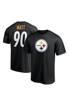 It's not truly game time until T.J. Watt takes the field. Show your excitement to watch your favorite Pittsburgh Steelers star in action with this Player Icon Name and Number T-shirt from Fanatics Branded. It features the team's logo printed across the chest and T.J. Watt graphics with faux mesh numbers on the back. The cotton fabric also gives this crew neck Pittsburgh Steelers shirt a lightweight, comfortable feel. Material: 100% Cotton Screen print graphics with faux mesh detail Crew neck Sho Chase Claypool, Pittsburgh Steelers Players, Pittsburgh Steelers Shirts, Solid Color Shirt, Game Time, Calvin Klein Men, Home T Shirts, Men's Wardrobe, Pittsburgh Steelers