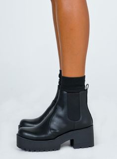 Black Eamon Boots by Lipstik Non-Leather upper Non-leather lining Elastic gusset detailing Chunky cleated sole Heel height: 7cm / 2.75" AUS US UK EU 5 5 2 35.5 6 6 3 36.5 7 7 4 37.5 8 8 5 38.5 9 9 6 39.5 10 10 7 41 Ariana Fashion, Chunky Black Boots, Concert Fit, Festival Shoes, Autumn Wardrobe, Aesthetic Style, Clothes Closet, Loafer Sneakers, Online Fashion Boutique