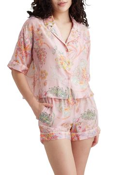 Bountiful blooms cover this silk-kissed PJ set composed of a cropped, boxy top and matching elastic-waist boxer shorts. Top has front button closure; notched collar; short sleeves Bottoms have elastic waist; side-seam pockets 70% cotton, 30% silk Machine wash, line dry Imported Short Pajamas, Boxy Top, Silk Shorts, Notched Collar, Pajama Shorts, Boxer Shorts, Pj Sets, Cotton Silk, Coco