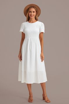 White Short Sleeve Round Neck Smocked Midi Dress Red Lace Midi Dress, Simple White Dress, Cute White Dress, Satin Cocktail Dress, Boho Midi Dress, Striped Sleeveless Dress, Strapless Floral Dress, Blue And White Dress, Girl Needs