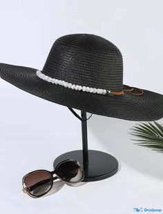 OrcaJump - Womens Summer Visor Hat with Bead Decorations, Sun Hat, Beach Straw Hat, Wide Brim Seaside Holiday Hat Adjustable Short Brim Hat For Pool, Adjustable Black Hat For Vacation, Black Adjustable Hat For Vacation, Adjustable Cap Straw Hat For Beach, Adjustable Black Hat For Beach, Adjustable Straw Cap For Beach, Adjustable Straw Cap For The Beach, Adjustable Straw Beach Cap, Adjustable Black Hat For The Beach