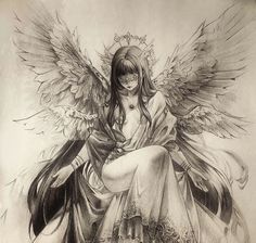 a pencil drawing of an angel sitting on top of a skull