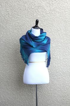 Hand woven scarf in dark blue and turquoise colors. Perfect #gift for her! This woven scarf is very soft and drapes nicely!  Measures: L: 78" with 6" fringe on both ends W: ... #kgthreads #accessories #cozy #fall #fashion #gradient #unisex #women #wrap Bridesmaid Shawl, Pashmina Wrap, Woven Scarf, Handwoven Scarf, Woven Scarves, Pashmina Scarf, Weaving Patterns, Knitted Shawls, Long Scarf