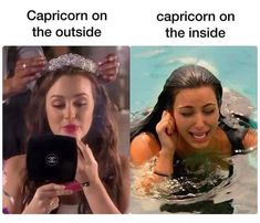 two women in the water, one holding a cell phone and another wearing a tiara texting caption on the outside capricon on the inside