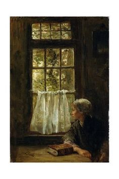 a painting of a woman sitting in front of a window looking out at the outside